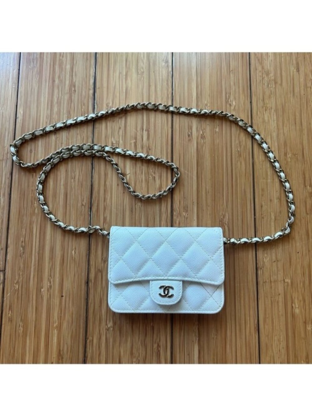 Chanel Mini Wallet On Chain White Caviar quilted crossbody Gold Hardware